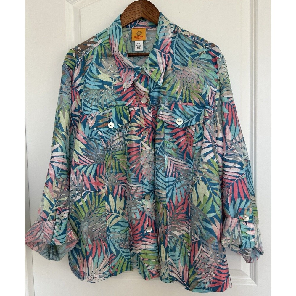 Ruby Rd Womens 24W Plus Size Sheer Tropical Leaf Print Button Up Shirt Colorful - Picture 2 of 10